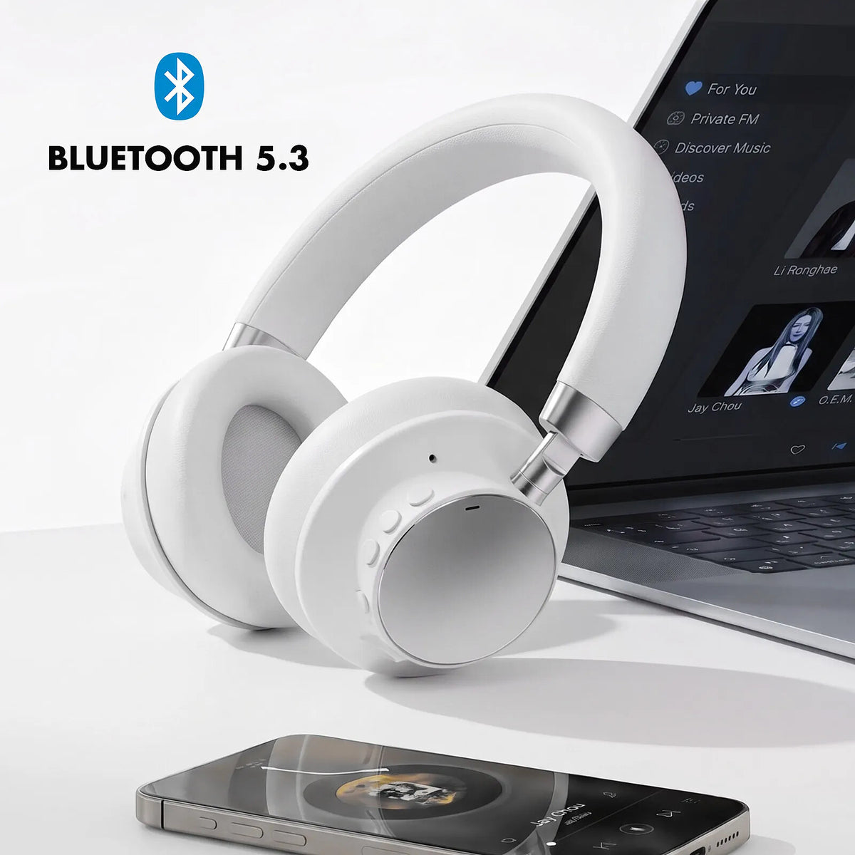 Akashi Casque Audio sans Fil Bluetooth 5.3 avec Microphone Intégré Autonomie 30h Blanc - image 3